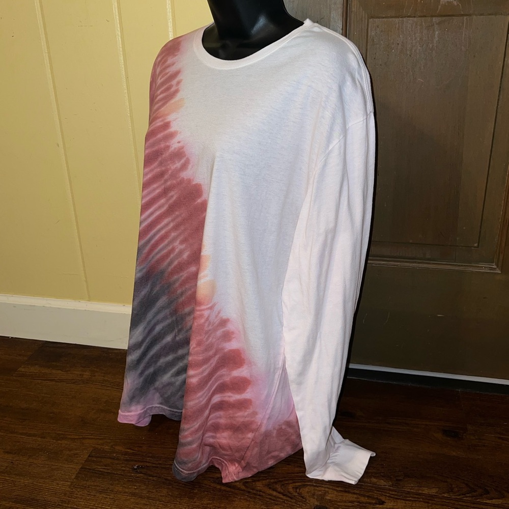 White, Pink & Black Split Tie-Dye Long Sleeve Upcycled Crewneck Shirt Size XL - Picture 6 of 10